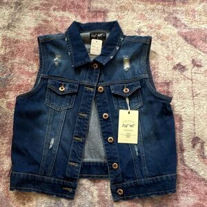 Blue Age Women's Dark Blue Distressed Denim Vest Sleeveless Pockets L NWT